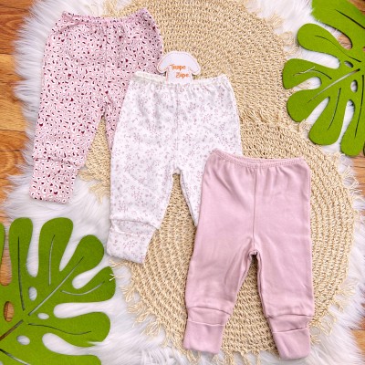 Kit 3 Calças - Oncinha, Rose e Raminhos - Off White e Lilás